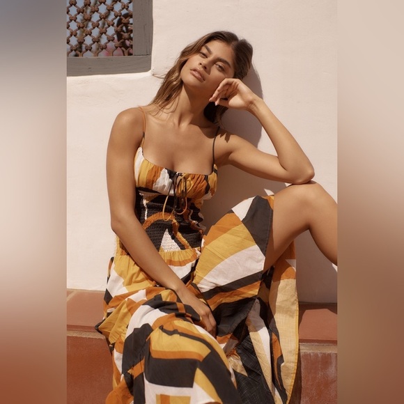 NWT Anthropologie Josephine Smocked Drop Waist Black Orange Maxi Dress  Medium - threedaughtersproperties.com